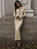 Ruffled Knit Dress Women Autumn Ribbed Contrast Long Sleeve High Waist Lapel Gown Dress Knitwear Ladies Maxi Dress