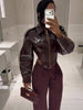 Women Coated Cinched-waist Leather Jacket Retro Casual Lapel Full Sleeve Zipper Fishbone Coats Lady Daily High Street Coat
