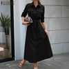 Women Autumn Cargo Maxi Long Dresses Casual Long Sleeve Pockets Belted Collared Shirt Dress Commuting Workwear S-3XL