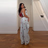 Floral Print Sweetheart Cami Crop Top Lace Up Wide Leg Pants Autumn Women Two Piece Outfit Street Ladies Casual Suit