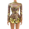 Women Sparkly Sequins Mirror Long Sleeve Mesh Sexy Mini Dress Night Party Club Dancer Performance Celebrity Stage Outfit