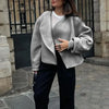 Autumn Grey Woolen Short Overcoats Elegant Female Lapel Full Sleeves Cropped Jacket Lady Commute High Street Outerwear