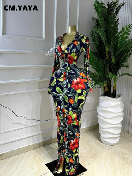 Women Full Sleeve Floral Print Bodycon Long Dress Spring Evening Street Birthday Night Party Vestidos Sexy Dresses