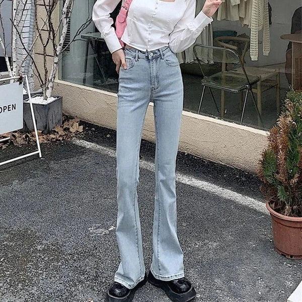 Woman High Waist Vintage Flare Jeans Female Elastic Bell Bottom Pants Girls Black Brown Deep Blue Light Blue Denim Trousers