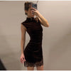 Elegant Lace Patchwork Short Dress Women See Through High Collar Flare Sleeve Party Dresses Autumn Lady Evening Robes
