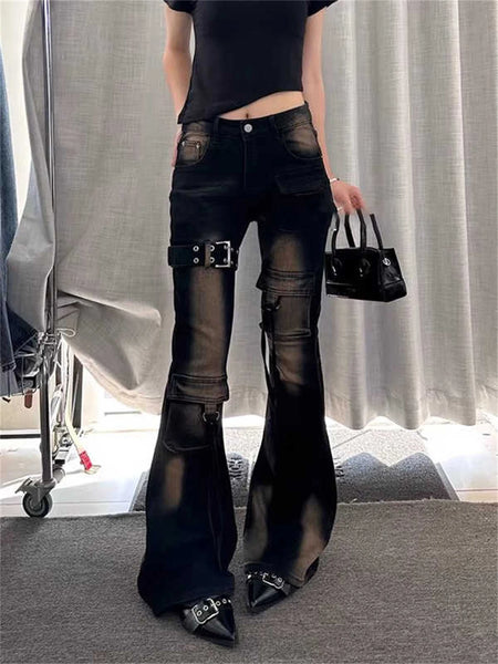 Autumn Winter Women's Denim Pants High Waist Cargo Jean Goblin Core Kpop Bell Bottom Japanese Y2k Stretch 2000s Jeans Gyaru