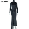 Women Full Sleeve Turtleneck Ribbon Ruched Long Maxi Dress Spring Sexy Street Slim Evening Night Club Party Dresses