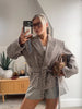 Women Checked Lapel Jacket Shorts Set Long Sleeve Buttons Belt Pocket Loose Blazer Suit Lady Office Commute Outfit