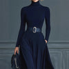 Half High Collar Knitted Long Dress For Women, Autumn Winter Long Sleeve Splicing Maxi Dress, Elegant Party Date Night Outfit
