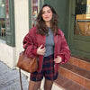 Women Stand Collar Leather Pilot Jacket Red Zipper Cropped Coat Casual Outerwear Streetwear