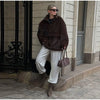 Women Dark Brown Faux Fur Coat Stand Neck Zipper Loose Solid Pullover Spring Chic Lady Casual High Street Outwear