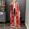 Red National Style Printting Pleated Women's Long Robe Chic Temperament Cardigan Trench Coat 2DB3930