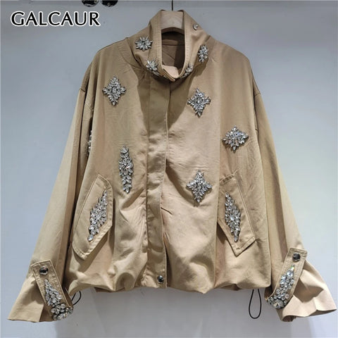 Khaki Spliced Diamonds Jacket Female Stand Collar Long Sleeve Loose Streetwear Casual Women's Jackets Autumn