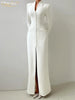 Sexy Slim White Women's Dress V-Neck Long Sleeve Ankle Length Dresses Elegant Classic Slit Female Dress