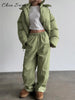 Women's Stripe Cotton Padded Coat Pant Set Loose Full Sleeve Hooded Zipper Jacket Elastic Waist Pants Winter Suits