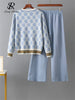 Autumn Two Piece Suits Women V Neck Basics Print Top+Elastic Long Pants Harajuku Casual Knit Sweater Warm Sets