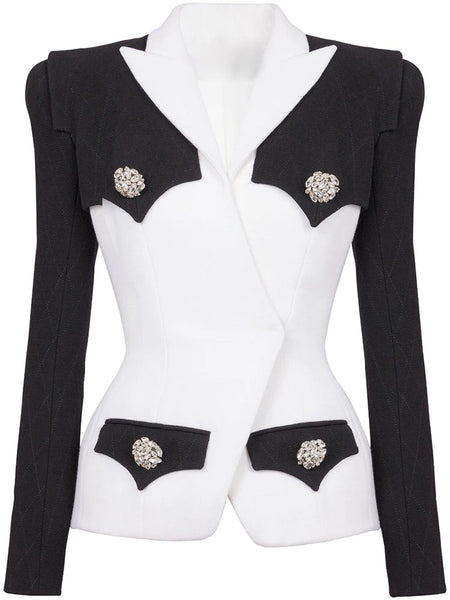 High Street Designer Jacket Women's Slim Fitting Rhinestone Diamonds Buttons Color Block Blazer