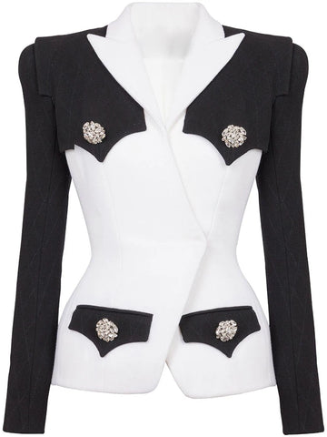 High Street Designer Jacket Women's Slim Fitting Rhinestone Diamonds Buttons Color Block Blazer