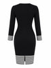 Womens Crew Neck Long Sleeve Fall Knee Length Sheath Dress with Striped Patchwork Pencil Skirt for Casual Office Wear