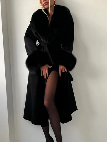 Retro Black Fur Patchwork Woolen Coat Women Chic Full Sleeve V-neck Lace Up Loose Long Overcoat Lady Winter Commute Outwear