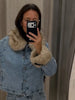 Furry Trim Cropped Denim Jacket Single Breasted Long‑Sleeve Winter Women Warm Outerwear Versatile Lady Casual Jean Coat