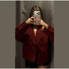 Red Suede Lapel Moto Jacket Oversized Zipped Long Sleeve Autumn Women Streetwear Biker Coat Versatile Lady Jaqueta