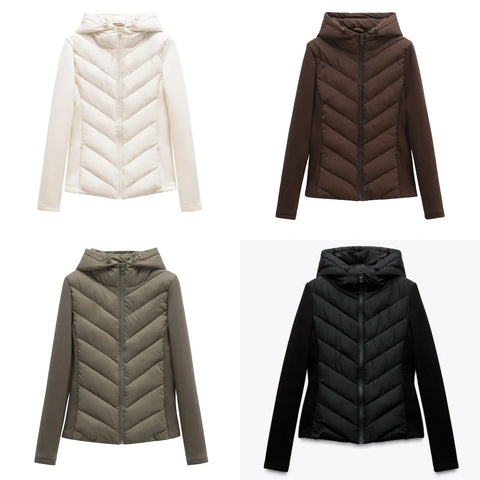 women's elegant patchwork long sleeve standing collar hooded cotton jacket sport coat 8073227