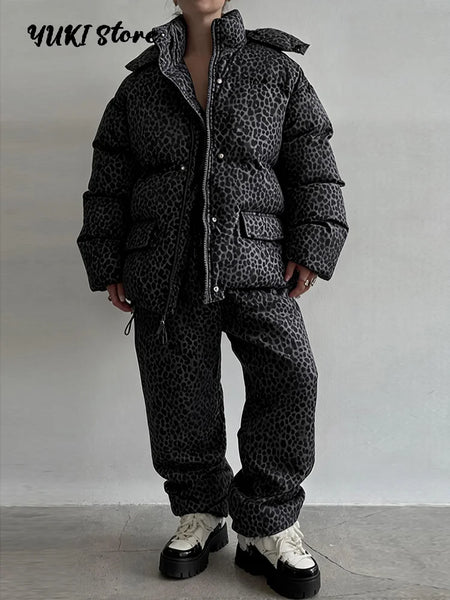 Leopard Print Women's Winter Down Jacket Pant Set Hooded Full Sleeve Zipper Jacket Elastic Waist Pants Warm Padded Coat Set