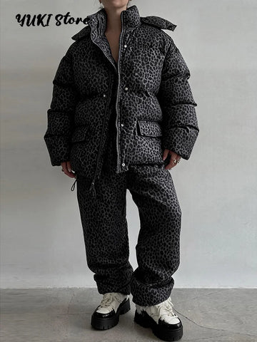 Leopard Print Women's Winter Down Jacket Pant Set Hooded Full Sleeve Zipper Jacket Elastic Waist Pants Warm Padded Coat Set