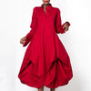 Spring Women's Elegant Party Evening Midi Dresses Long Sleeves Stand Collar Pleated Cocktail Prom Red Dress