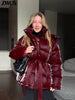 Warm Glossy Hooded Lace-up Cotton Coats Women's Casual Zipper Bottons Belted Overcoat Winter Female Solid Streetwear