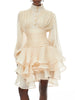 Elegant Pink High Neck Organza Fabric Mini Dresses for Women Puff Sleevs Ruched Waist Tiered Ruffles for Cocktail Parties