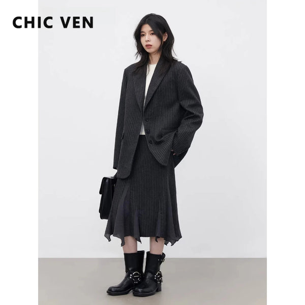 Women Woolen Blazer Coat Loose Casual Office Ladies Suit Jacket Striped Fish Tail Skirt Set Autumn Winter