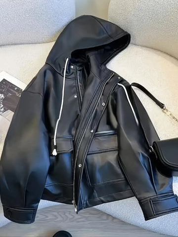plus Size Black Hooded Motorcycle Style Leather Jacket Women Versatile Leather Coat