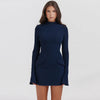 Dark Blue Two Pocket Sexy Mini Dress For Women Autumn Winter Long Sleeve Bodycon Club Party Dress Elegant