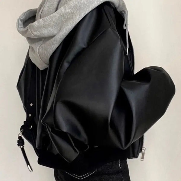 Korean Black PU Leather Jacket Women Hooded Loose Spring Autumn Zipper Fake Two-Piece Versatile Outerwear