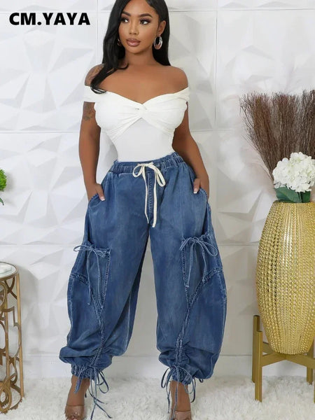 Women Streetwear Drawstring Fly Denim Pants Autumn Loose Safari Style Cargo Harem Hip Hop Jeans