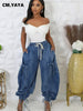 Women Streetwear Drawstring Fly Denim Pants Autumn Loose Safari Style Cargo Harem Hip Hop Jeans