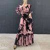 Abstract Print Ruched Womens' Pleated Dress Ruffle Sleeve Pleated Chiffon Long Dresses Party Outfit 2DB7460