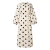Elegant Women Dots Print Dress Summer Slim 3/4 Sleeve Vestidos V-Neck Party Midi Robe Office Pocket Dresses