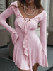 Women's Elegant Casual Dress Spring Deep V Neck Flared Sleeve Ruffled Lace Pleated Short Dress