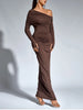 Women's Long Sleeve Asymmetric Neck Long Dress One Shoulder Ruched Bodycon Club Party Maxi Dresses Brown Autumn