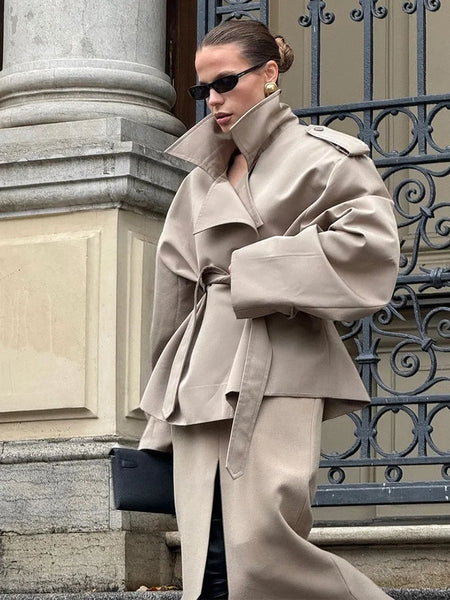 Solid Lapel Lace Up Trench Coat Women Casual Long Sleeve Short Loose Short Coat Lady Autumn Daily Commute Street Outwear