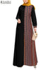 Women Ethnic Printed Panels Maxi Dress Long Sleeve Hijab O Neck Muslim Islamic Patchwork Vestidos Loose Casual Abaya Robe