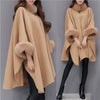 S-5XL Winter Warm Cloak Horn Buckle Woolen Poncho Capes Women Faux Rabbit Fur Dolman Sleeves Loose Long Cappa Coat