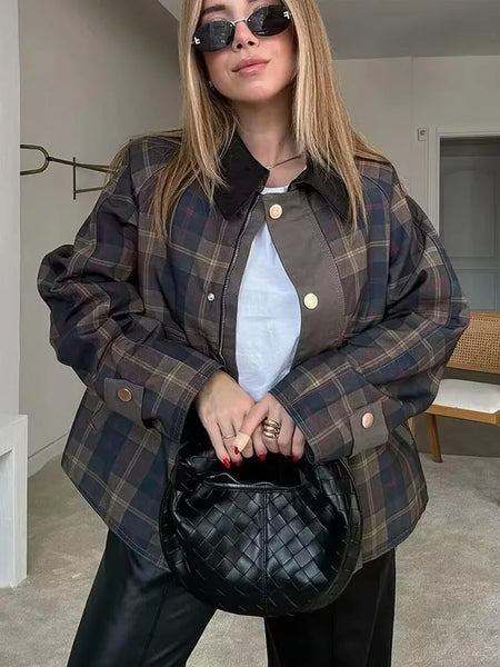 Women's Retro Long Sleeve Lapel Zipper Plaid Coat Female Commuting Versatile Stitching Contrast Color Jacket