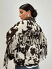 Women Cow Print Tassel Short Coat Casual Long Sleeve Lapel V-neck Single Breasted Jacket Lady Spring Autumn Outwear