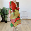 Pleated Printing Dress For Women Spring Loose Color Block Dresses With Belt Female Clothes 2D1127