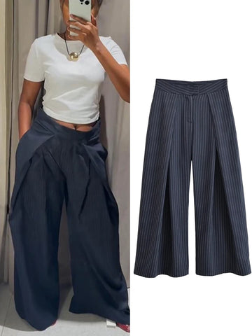 Stripe Pleated Wide Leg Pants For Women Elegant Pockets High Waist Long Trousers Autumn Lady High Street Chic Pants