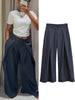 Stripe Pleated Wide Leg Pants For Women Elegant Pockets High Waist Long Trousers Autumn Lady High Street Chic Pants
